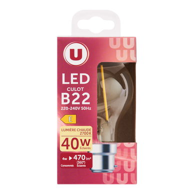 Ampoule Led ronde 40w B22 - transparente lumière chaude