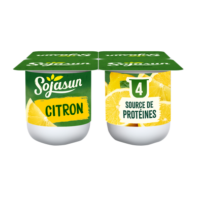 Spécialité au soja fermentée sucrée aux fruits enrichie en calcium citron SOJASUN, 4x100g
