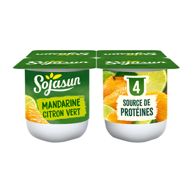 Spécialité au soja fermentée sucrée à la pulpe de fruits enrichie en calcium saveur mandarine et citron vert SOJASUN, 4x100g
