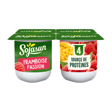 Spécialité au soja fermentée sucrée aux fruits parfum framboise passion SOJASUN, 4x100g