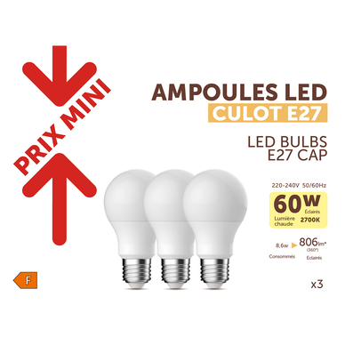 Ampoule LED mini ronde 60W E27 chaud x3