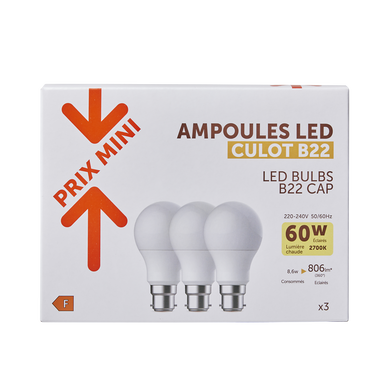 Ampoule LED ronde 60w B22 opaque chaude - x3