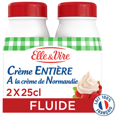 Crème UHT entière fluide 30%mg ELLE & VIRE bouteille 2x25cl
