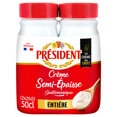 Créme entiére semi-épaise PRESIDENT, 30% de MG, 2 bouteilles de 25cl