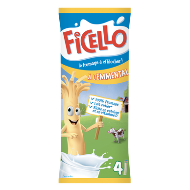 Fromage à effilocher emmental FICELLO - le paquet de 4 batonnets de 21g