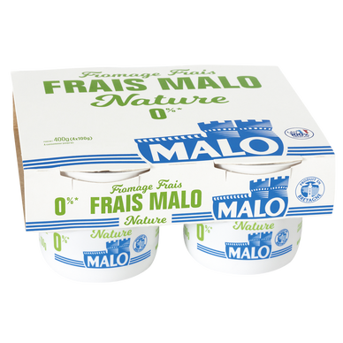 Fromage frais au lait pasteurisé nature, 0% de mg, MALO, 4x100g