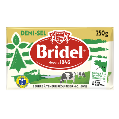 Beurre demi-sel à teneur reduite en matière grasse 60%MG BRIDEL,plaquette 250g