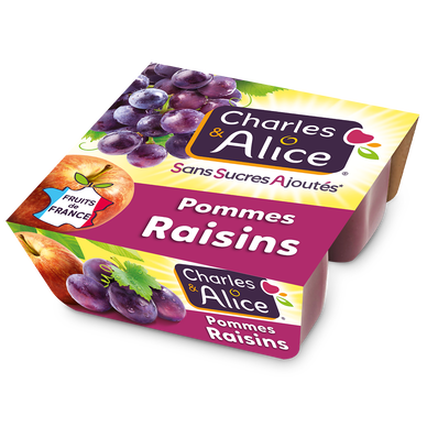Dessert fruitier sans sucre ajouté pomme/raisin CHARLES & ALICE 4x97g