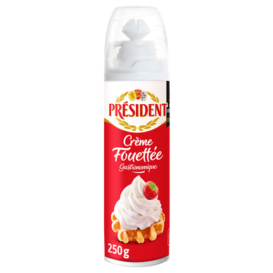 Crème légère UHT sous pression PRÉSIDENT, 28%MG, aérosol de 250g