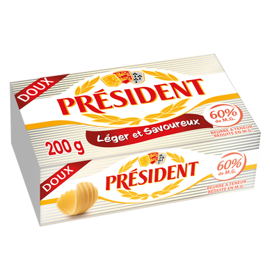 Beurre doux à teneur réduite en matière grasse 60% PRESIDENT plaquette200g
