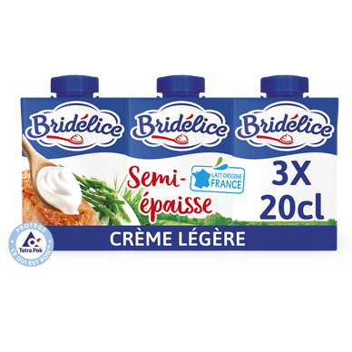 Crème légère semi épaisse 18% de matière grasse UHT BRIDELICE, 3X20cl