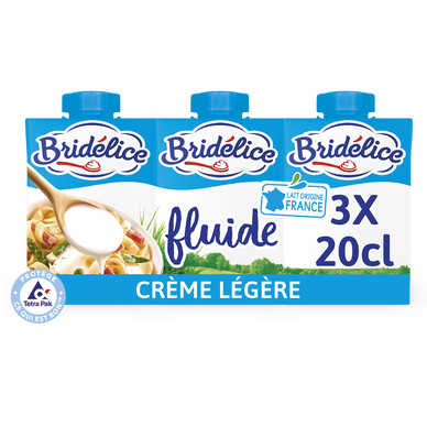Crème légère fluide  12% de matière grasse UHT BRIDELICE, 3 briques de20cl