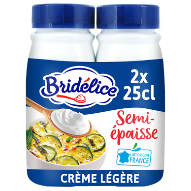 Crème légère semi épaisse  18% de matière grasse UHT BRIDELICE, 2 bouteilles de 25cl