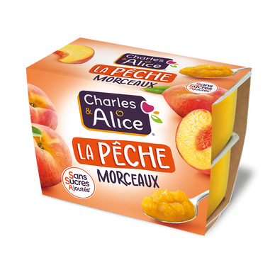 Dessert fruitier morceaux Pêche Sans sucre ajouté CHARLES & ALICE, 4x95g
