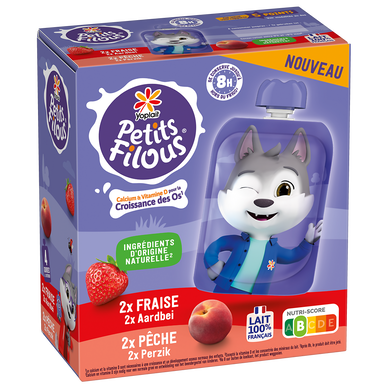 Yaourt brassé petits filous fraise et pêche YOPLAIT gourde 4x85g
