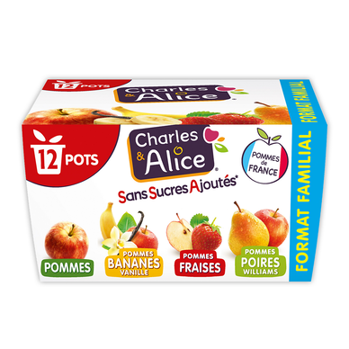 Dessert fruitier Panachés Pomme/ Pomme Banane/Pomme Fraise/Pomme PoireCHARLES & ALICE - 12 pots de 97g