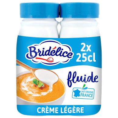 Crème fluide légère  12% de matière grasse UHT BRIDELICE, 2 bouteillesde 25cl