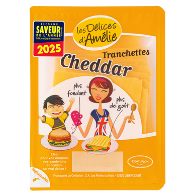Cheddar au lait pasteurisé en tranches LES DELICES D'AMELIE, 34% de MG, 200g