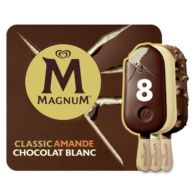 Bâtonnets glacés MAGNUM classic almond white chocolat - x8 - 572g