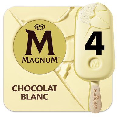 Bâtonnets glacés à la vanille, enrobage au chocolat blanc MAGNUM x4 soit 294g