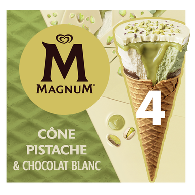 Glace cône pistache et chocolat blanc MAGNUM x4 260g