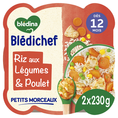 BLEDINA BLEDICHEF - Plat bébé du midi Riz aux légumes poulet, dès 12 mois - 2x230g - Repas bébé