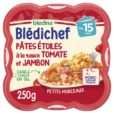 BLEDINA BLEDICHEF - Plat bébé du midi Pâtes étoiles à la sauce tomateet jambon, dès 15 mois - 250g - Repas bébé