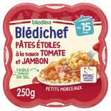 BLEDINA BLEDICHEF - Plat bébé du midi Pâtes étoiles à la sauce tomateet jambon, dès 15 mois - 250g - Repas bébé