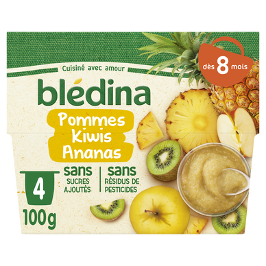 BLEDINA BLEDICHEF - Purée de fruits bébé pommes kiwi ananas, dès 8 mois - 4x100g