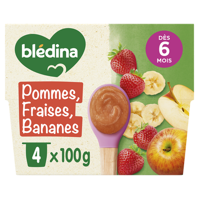 BLEDINA - Dessert bébé Pommes Fraises Bananes, de 6 à 12 mois - 4x100g