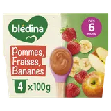 BLEDINA - Dessert bébé Pommes Fraises Bananes, de 6 à 12 mois - 4x100g