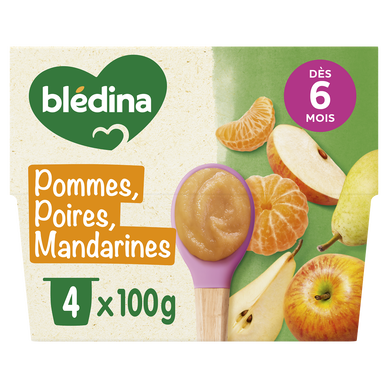 BLEDINA - Dessert bébé Pommes poires mandarines, dès 8 mois - 4x100g