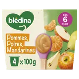 BLEDINA - Dessert bébé Pommes poires mandarines, dès 8 mois - 4x100g