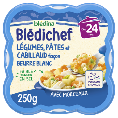 BLEDINA BLEDICHEF - Plat bébé du midi Légumes, pâtes et cabillaud façon beurre blanc, dès 24 mois - 250g - Repas bébé