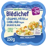 BLEDINA BLEDICHEF - Plat bébé du midi Légumes, pâtes et cabillaud façon beurre blanc, dès 24 mois - 250g - Repas bébé
