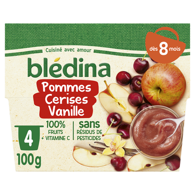 BLEDINA - Dessert bébé Pommes cerises vanille, dès 8 mois - 4x100g