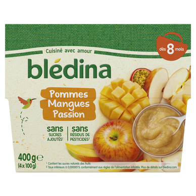 BLEDINA - Dessert bébé Pommes Mangues Passion, dès 8 mois - 4x100g