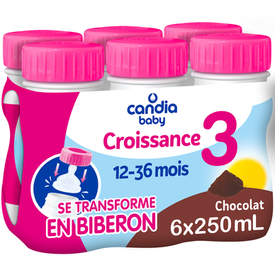 CANDIA BABY - Lait de croissance bébé 3ème âge au chocolat, dès 12 mois - 6x25cl