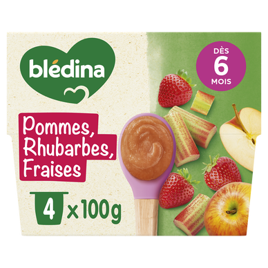 BLEDINA - Dessert bébé Pommes rhubarbes fraises, dès 8 mois - 4x100g
