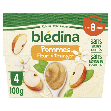 BLEDINA - Dessert bébé Pommes fleur d'oranger, dès 8 mois - 4x100g