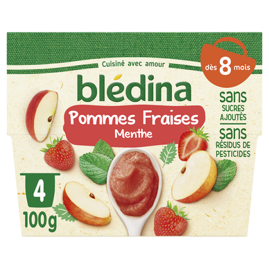 BLEDINA - Dessert bébé Pommes Fraises Menthe, dès 8 mois - 4x100g