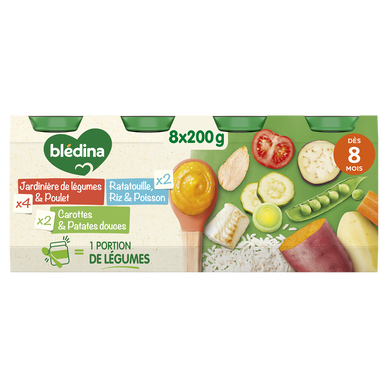 BLEDINA - Plat bébé du midi Jardinière de Légumes Poulet / RatatouilleRiz Colin / Carotte patate douce, dès 8 mois - 8x200g