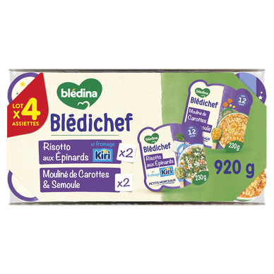 BLEDINA BLEDICHEF - Plat bébé du midi Risotto aux épinards et kiri / mouliné de carottes et semoule, dès 12 mois - 4x230g