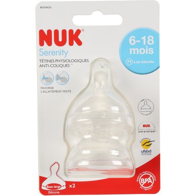 Tétine x2 silicone col large serenity plus 6/18 mois lait NUK