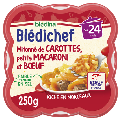 BLEDINA BLEDICHEF - Plat bébé du midi Mitonné de carottes, petits macaroni et boeuf, dès 24 mois - 250g - Repas bébé