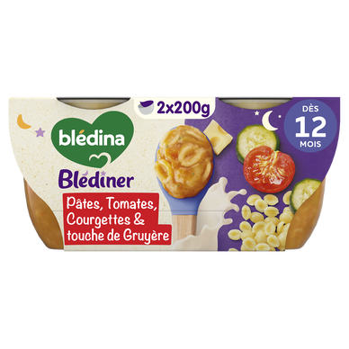 BLEDINA BLEDINER - Plat bébé du soir Pâtes coquilles Tomates Courgettes et touche de Gruyère, dès 12 mois - 2x200g - Repas bébé