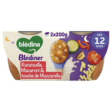 BLEDINA BLEDINER - Plat bébé du soir Ratatouille macaronis, dès 12 mois - 2x200g - Repas bébé
