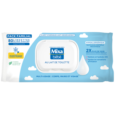 Lingettes bébé au lait peaux sensibles hypoallergénique MIXA- x80