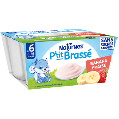 NESTLE P'TITS BRASSE - Dessert lacté bébé fraise banane, de 6 à 12 mois - 4x90g