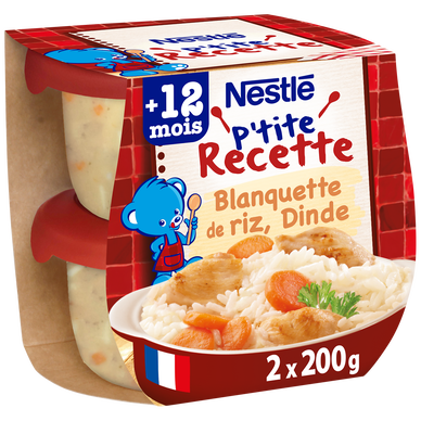 NESTLE P'TITE RECETTE - Plat bébé du midi Blanquette de riz, dinde, dès 12 mois - 2x200g - Repas bébé